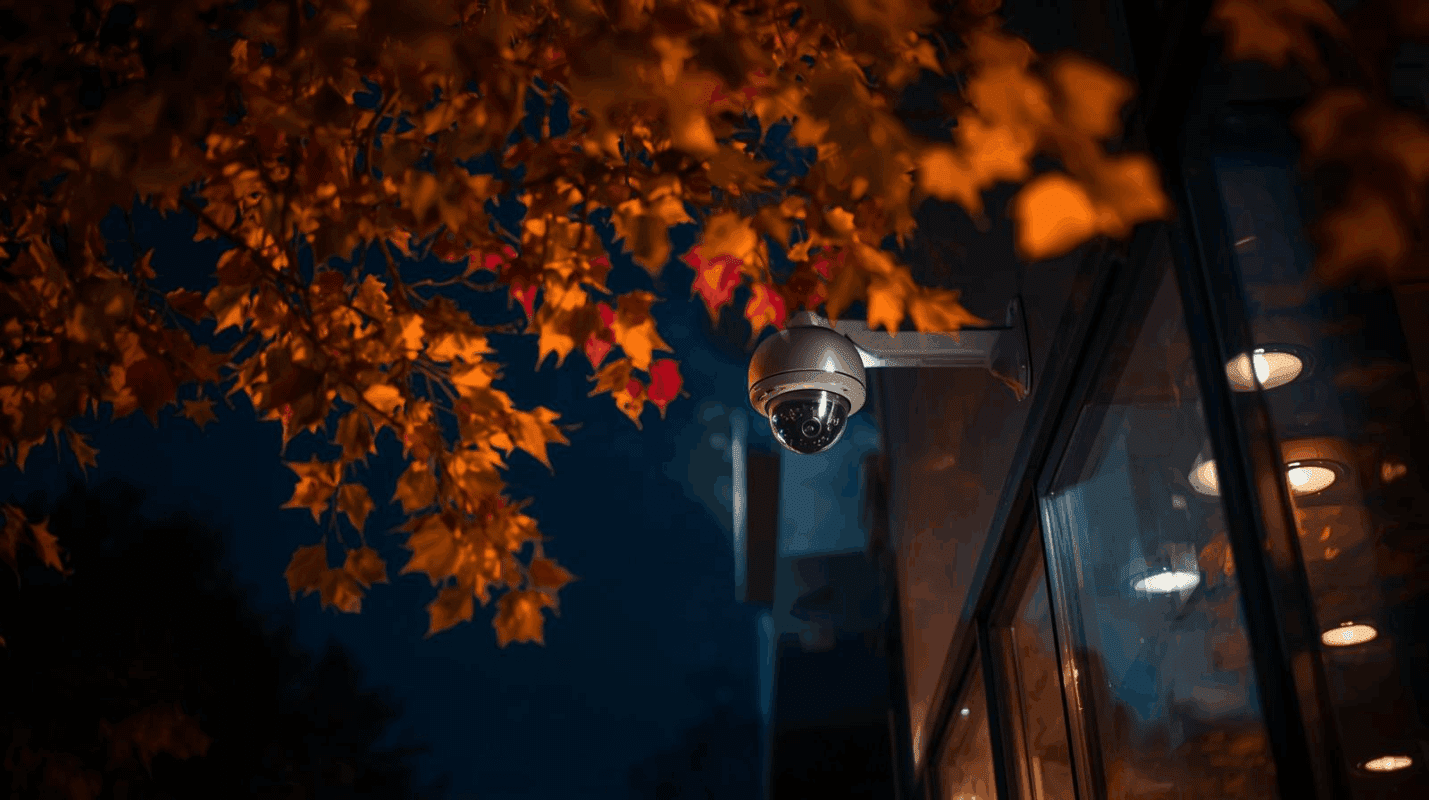 Beveiligingscamera met herfstbladeren – controle en onderhoud van camerabeveiliging in de donkere maanden